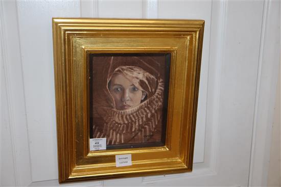 Alexandra Gardner (1945-) two oils on canvas, Self portraits wearing shawls, signed, 24 x 19cm